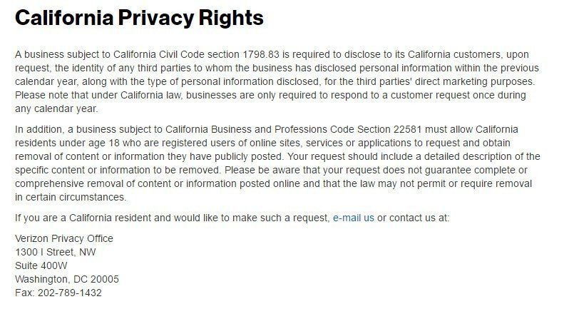 Screenshot of California Privacy Rights page of Verizon