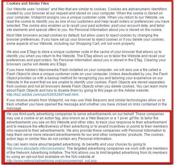 Cookies and Similar Files section in Vistaprint Privacy Policy