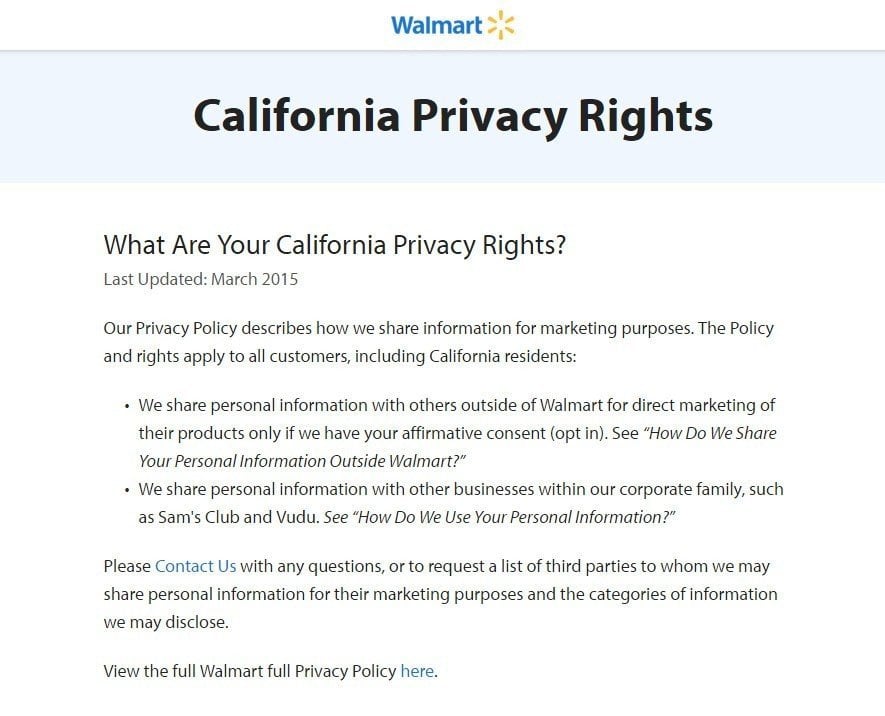 Screenshot of California Privacy Rights page of Walmart