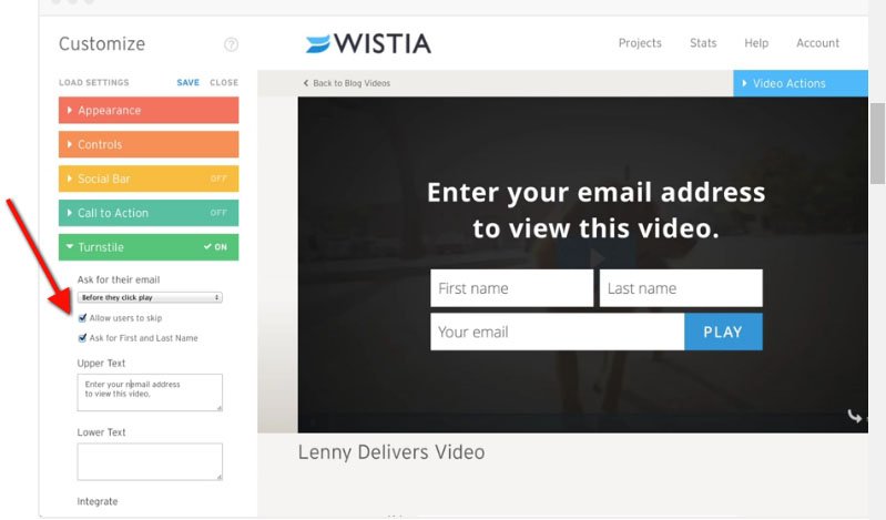 Wistia: Customize video to ask for email