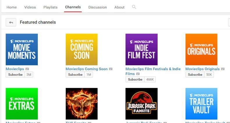 Screenshot of all channels from Movieclip on YouTube