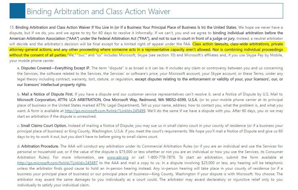 Microsoft class action waiver highlighted