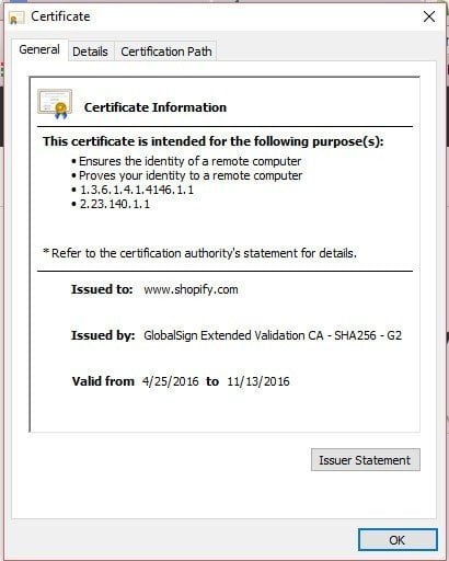 The SSL Certificate Details window on Windows