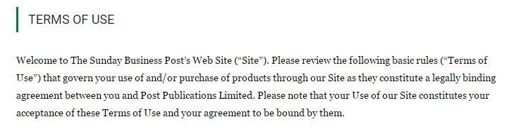 Browsewrap Terms of Use agreement from Sunday Business Post