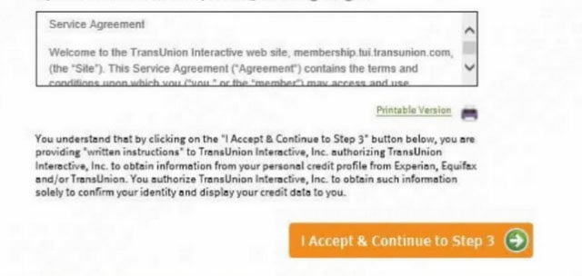 Screenshot from TransUnion: I accept & Continue to Step 3