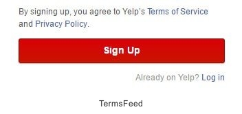 Yelp version of clickwrap: Sign-up for account and agree to Terms of Service, Privacy Policy