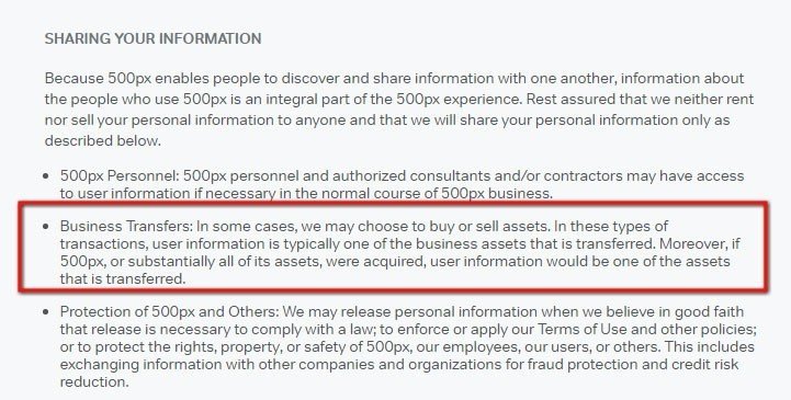 500px Privacy policy: Highlight the Business Transfers clause