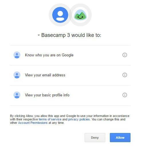 Basecamp and Google Permissions dialog window