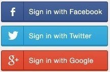 Button examples of Sign in with Facebook, Twitter, Google