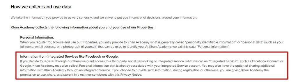 Khan Academy Privacy Policy: Information from Facebook and Google
