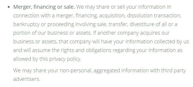 Kik Privacy Policy: Merger, financing or sale clause