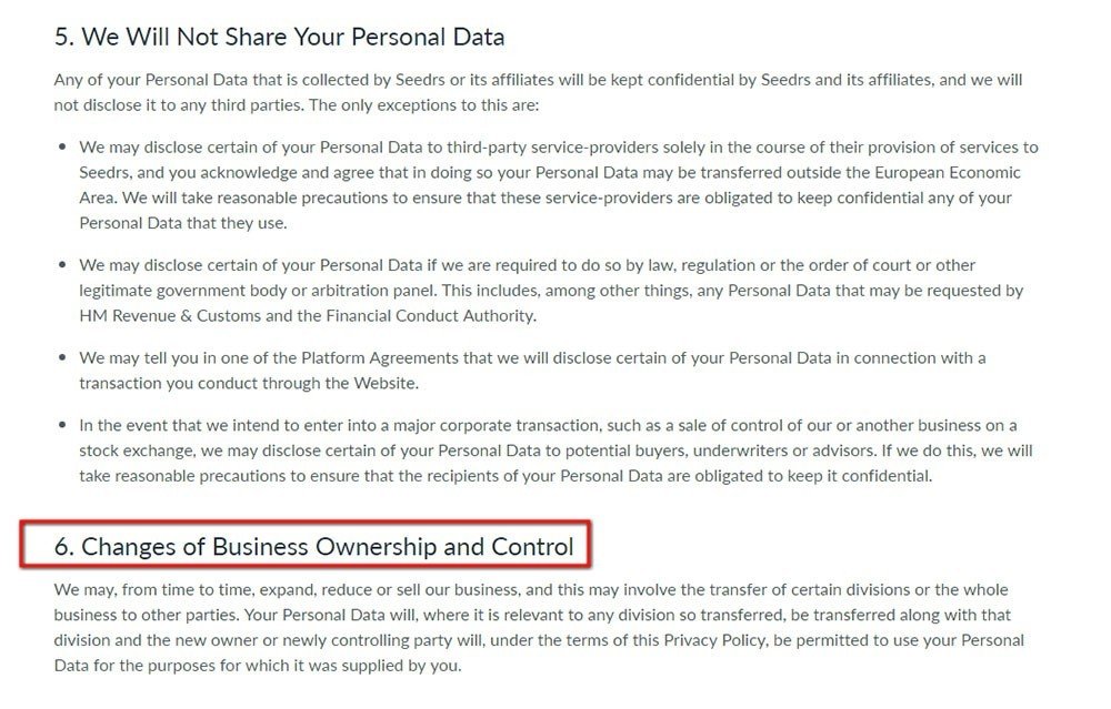 Seedrs Privacy Policy: Highlight the Changes of Business Ownership clause