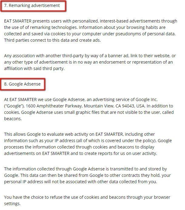 Eat Smarter Privacy Policy: The Remarketing &amp; AdSense Advertising section