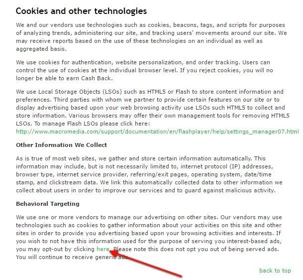 Ebates Privacy Policy: The Behavioral Targeting section