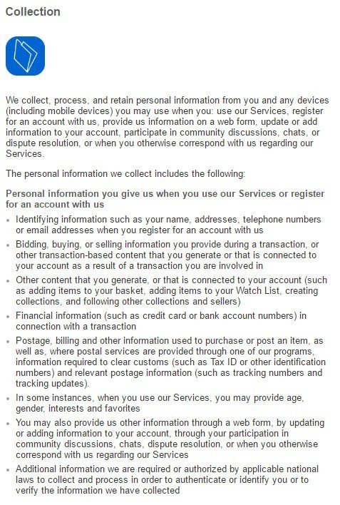 eBay Privacy Policy: the Collection section