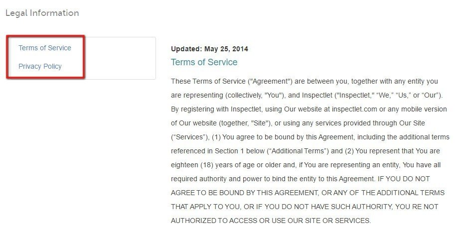 Inspectlet Legal Information page: The links to its legal agreements