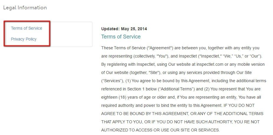 Inspectlet Legal Information page: The links to its legal agreements