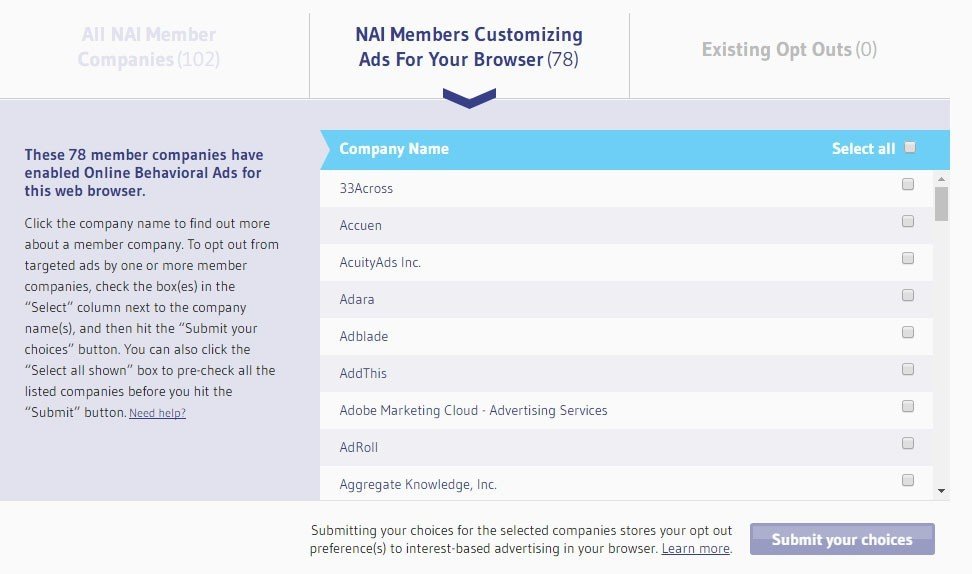 Screenshot of NAI Opt-out page