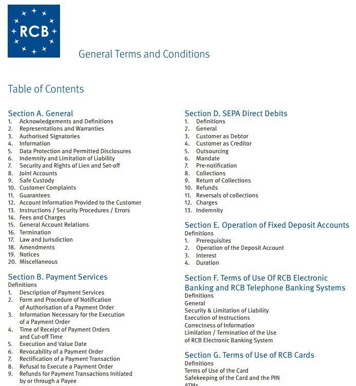 The Table of Contents of RCB Terms and Conditions