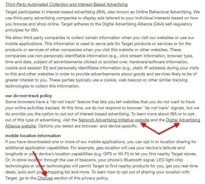 Target Privacy Policy: The DNT and Choices sections