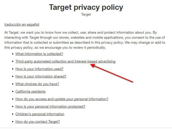 Target Privacy Policy: Highlight Interest-based Advertising in Table of Contents