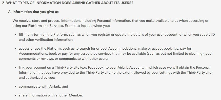 Airbnb Privacy Policy: Types of information gathered from users