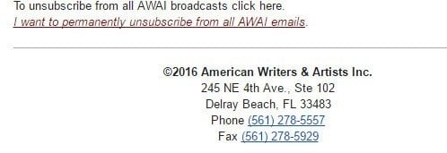 AWAI email footer: Company information