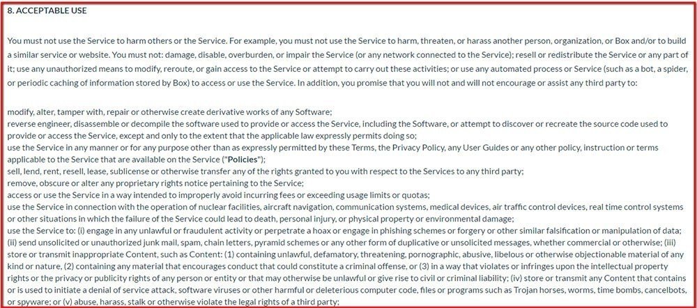 Box Terms of Service: Acceptable Use clause