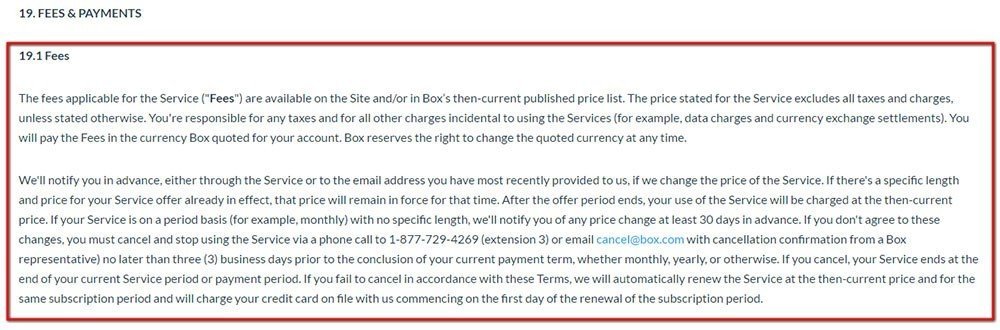 Box Terms of Service: Fees clause