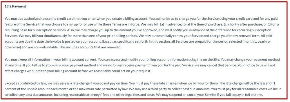 Box Terms of Service: Payment clause