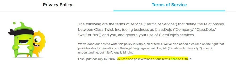 ClassDojo Terms of Service: Highlight that revisions are on GitHub