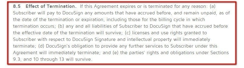 DocuSign Terms of Use: Effect of Termination clause