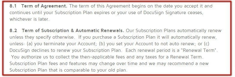 DocuSign Terms of Use: The Term of Agreement clause