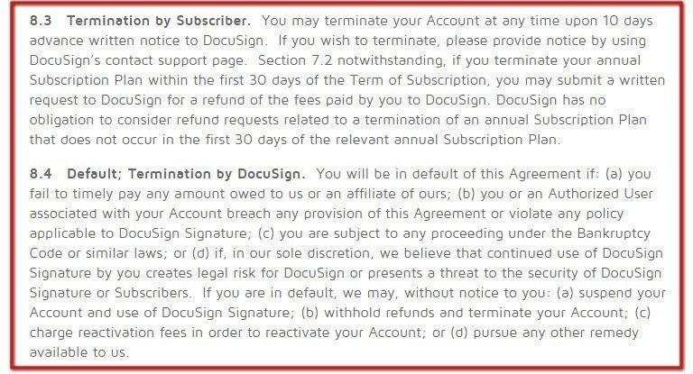 DocuSign Terms of Use: Term and Termination clauses