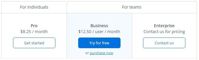 Screenshot of Dropbox Business subscription plans