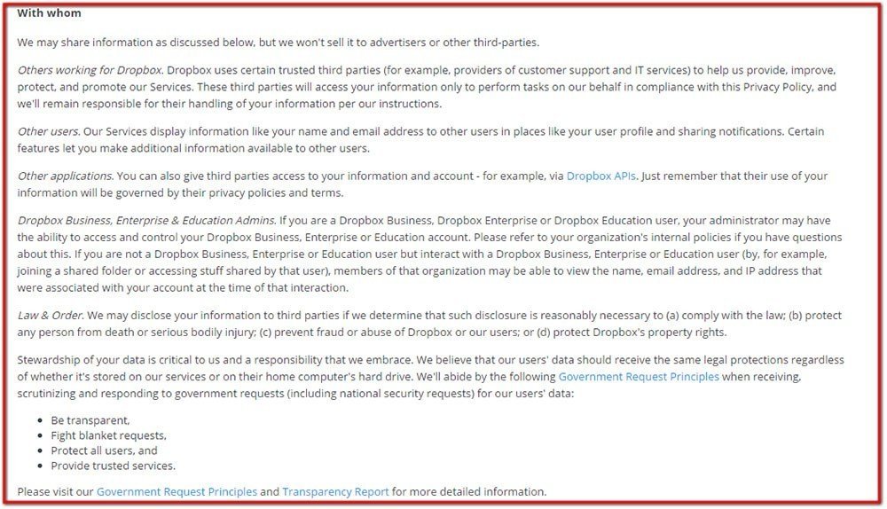 Dropbox Privacy Policy: With whom we share information