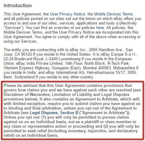 eBay User Agreement: Highlight arbitration clause