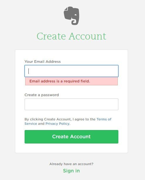 Evernote Create Account Form: By clicking, you agree to