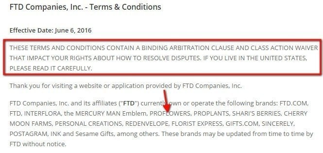 FTD Companies Terms and Conditions: Highlight arbitration