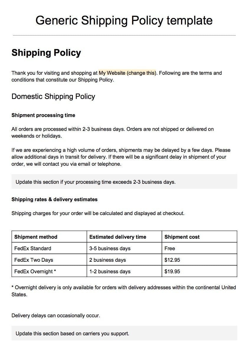 Sample Shipping Policy Template - TermsFeed Throughout Standard Shipping Note Template