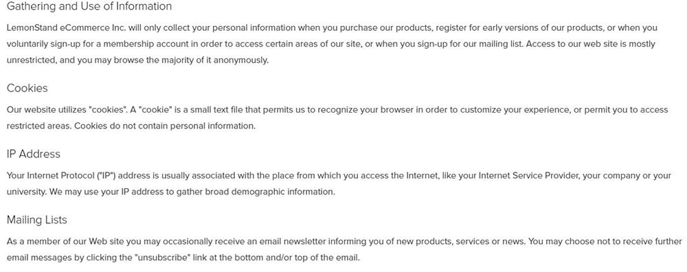 Screenshot of LemonStand Privacy Policy