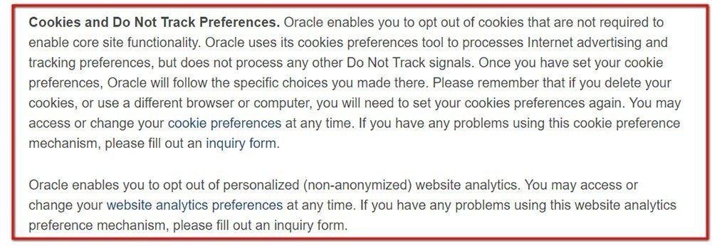 Oracle Privacy Policy: Cookies and Do Not Track
