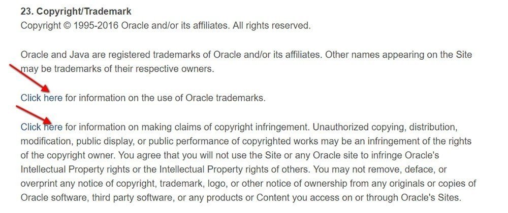 Oracle Terms of Use: Screenshot on Copyright/Trademark information