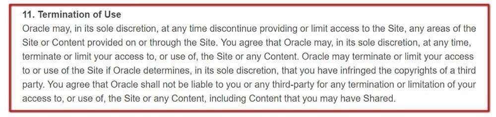 Oracle Terms of Use: Termination of Use clause