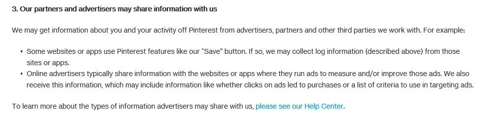 Pinterest Privacy Policy: Information shared with Partners and Advertisers