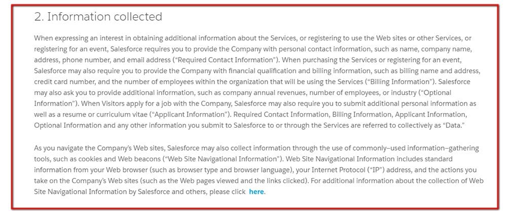 Salesforce Privacy Policy: Information collected extended as additional information