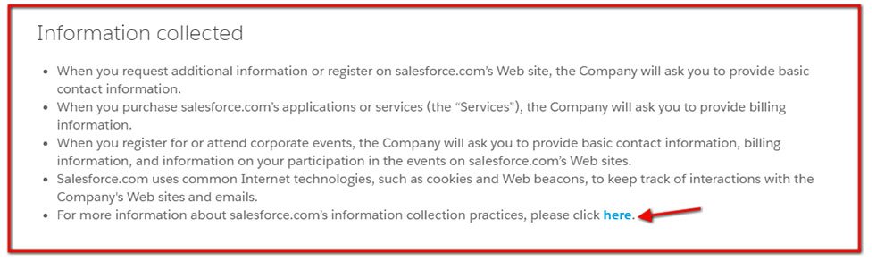 Salesforce Privacy Policy: Information collected