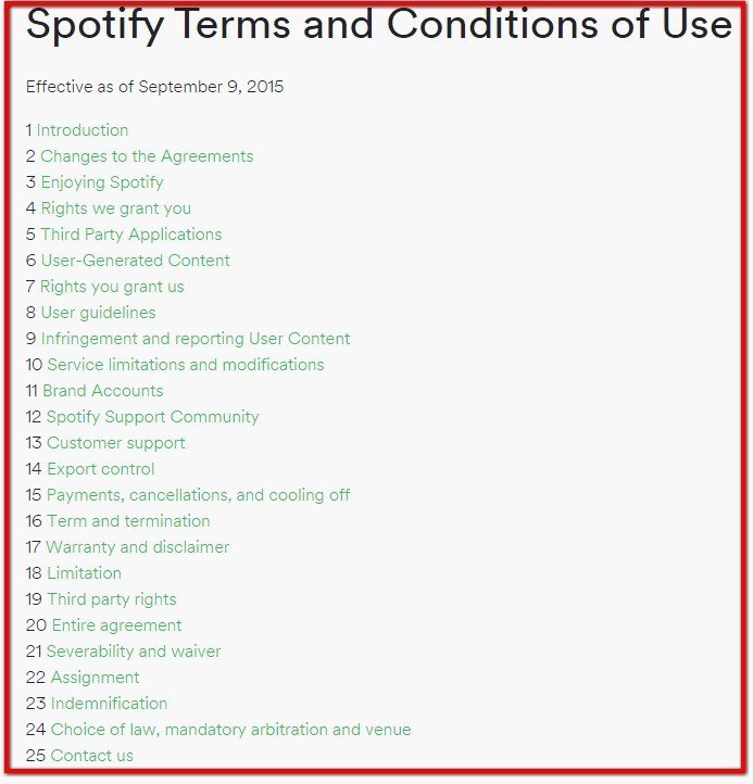 Table of contents from Spotify Terms and Conditions