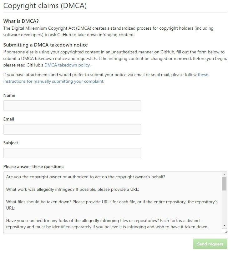 GitHub DMCA form: Submit takedown notice