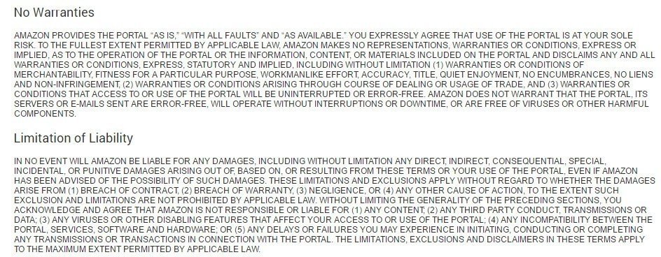 No warranties and Limitation of Liability clauses in Amazon Appstore Distribution Terms of Use